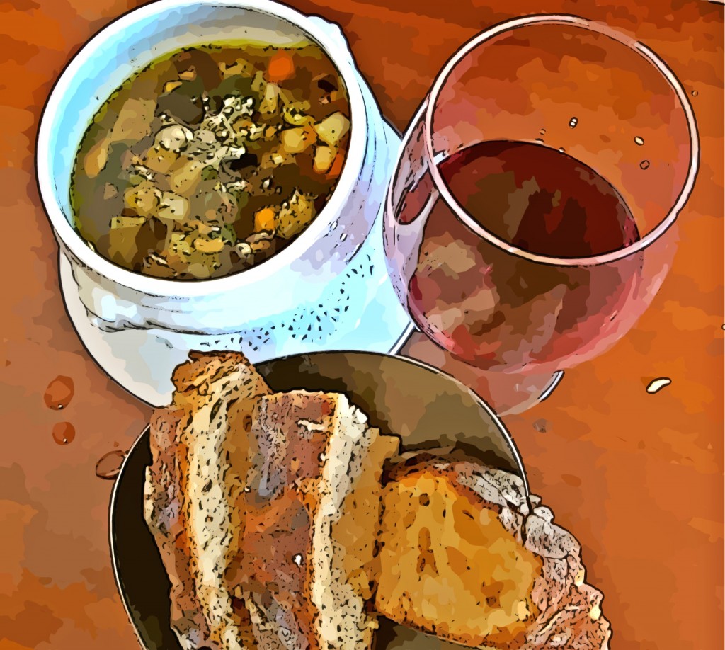 Minestrone soup with seasonal vegetables, pistou and Japanese pearls.  Minestrone aux légumes du moment, pistou et perle du Japon.