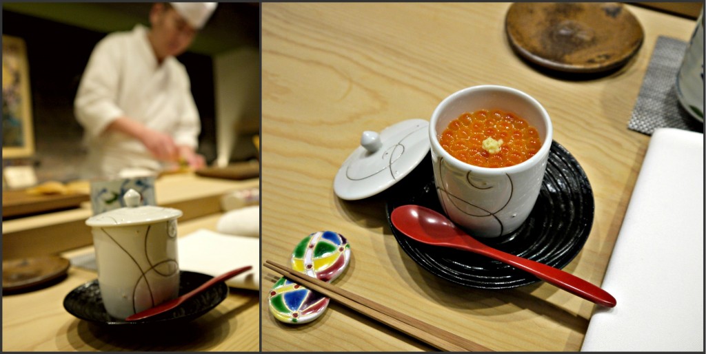 Chawanmushi - 茶碗し Flan salé cuit à la vapeur dans son bol à la Saint-Jacques et aux oeufs de lumps.  La texture est soyeuse et les saveurs délicates. 