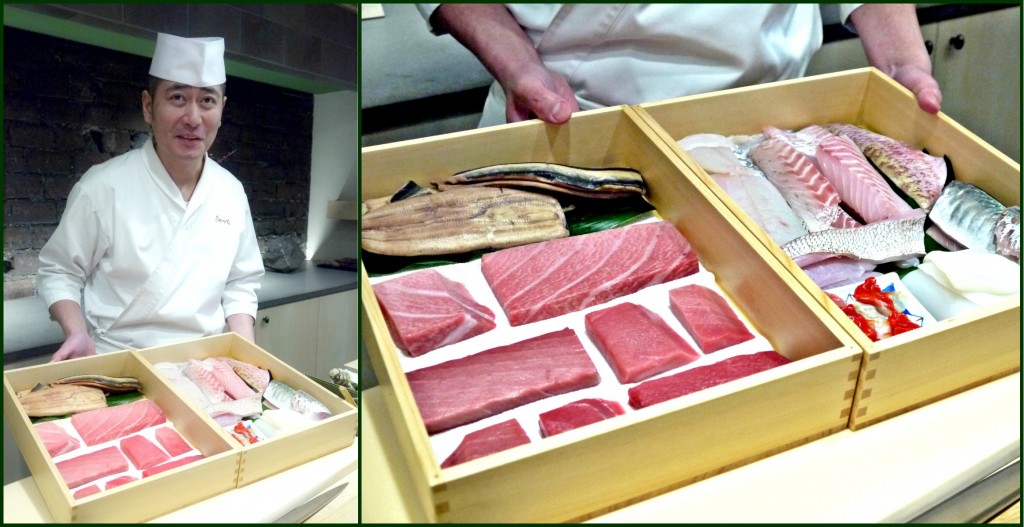 Le chef Takeshi Moroora nous dévoile les poissons qu'il va nous préparer.  Incroyable fraîcheur et qualité de ces produits d'exception. 