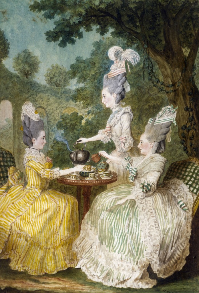 Carmontelle (1717-1806). Mme la Marquise de Montesson, Mme la Marquise du Crest et Mme la Comtesse de Damas prenant le thé dans un jardin. © Musée Carnavalet / Roger-Viollet