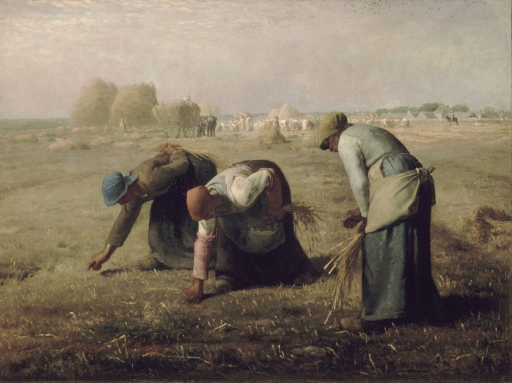 Au 19ème siècle, le glanage était populaire dans l'art. Nous connaissons le célèbre Des Glaneuses, Jean-François Millet, 1857.